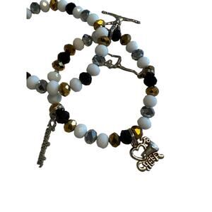 Set of 2 New White Gold Black Silver Cheer Cheerleading Beaded Bracelet